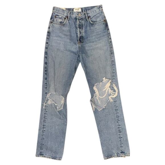 Agolde High Waisted Washed Blue Denim Button Fly Ripped Straight Jeans size 26 - Picture 1 of 11
